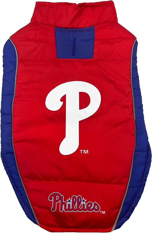 Pets First MLB Philadelphia Phillies Puffer Vest for Dogs & Cats, Medium. Warm, Cozy, & Waterproof Dog Coat, for Small & Large Dogs/Cats. Best MLB Licensed PET Warming Sports Jacket (PHP-4081-MD)