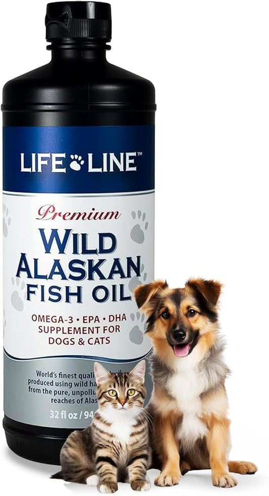 Life Line Pet Nutrition Wild Alaskan Fish Oil Omega-3 Supplement for Skin & Coat – Supports Brain, Eye & Heart Health in Dogs & Cats, 32oz