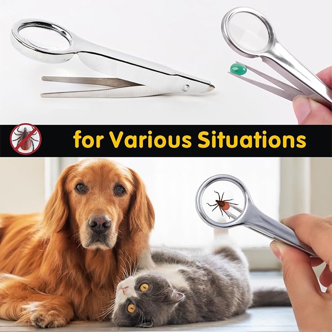Tick Removal Tool for Dogs, Stainless Steel Tick Tweezers Remover Tool Kit, 3 Pack Quick & Safe Tick Hook Flea Tick Tweezers Clip Remover Flea Comb Magnifying Glass for Dogs Cats Human