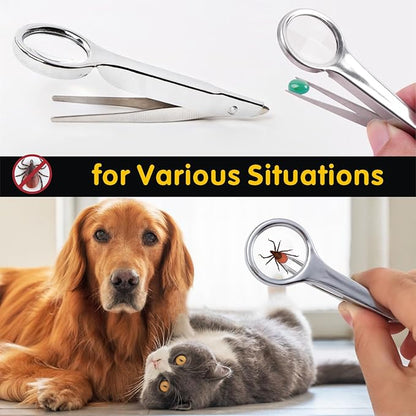 Tick Removal Tool for Dogs, Stainless Steel Tick Tweezers Remover Tool Kit, 3 Pack Quick & Safe Tick Hook Flea Tick Tweezers Clip Remover Flea Comb Magnifying Glass for Dogs Cats Human