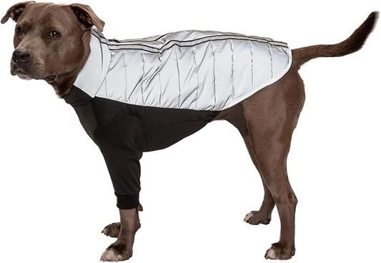 Furhaven Water-Repellent Medium Dog Coat, Washable & Reflective w/ Leash Access & Stretch Fabric - Pro-Fit Active Jacket - Chrome, Medium