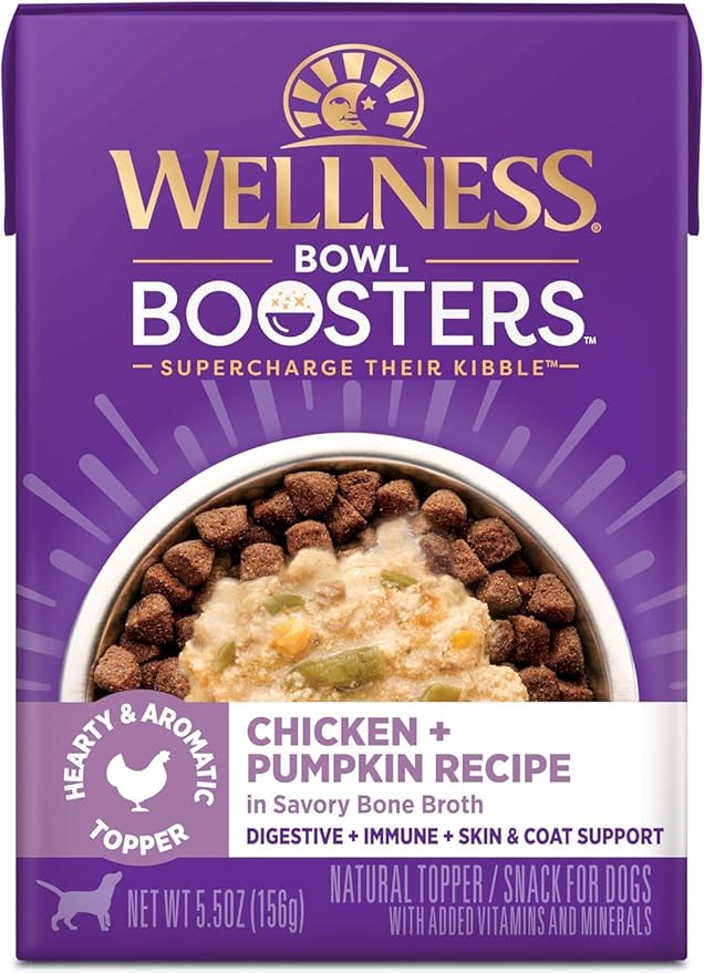 Variety Pack (6) Wellness Bowl Boosters Hearty Wet Dog Toppers (2) Beef (2) Chicken (2) Turkey (5.5-oz Each) with AuroraPet Wipes