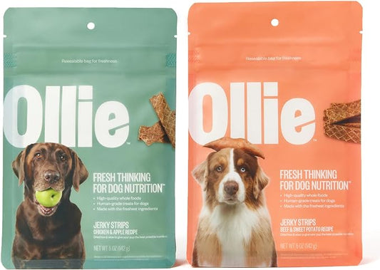 Ollie Jerky Treats Variety Pack - Chicken and Apple Recipe and Beef and Sweet Potato Recipe - Dog Jerky Treats All Natural - Healthy Dog Treats - Real Meat Dog Treats 10 Oz.