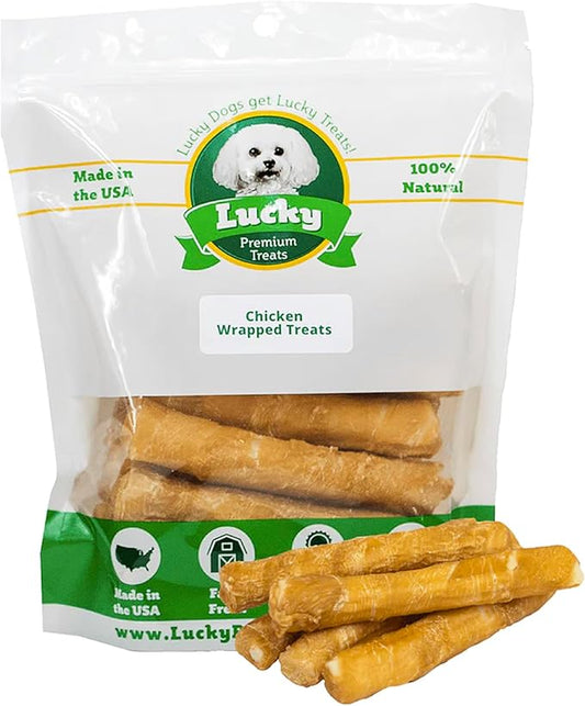 Lucky Premium Treats Chicken Wrapped Dog Treats – USA Made Raw Hide Sticks for Medium Dogs – Long Lasting, Preservative Free Dog Treats – 4 Chews