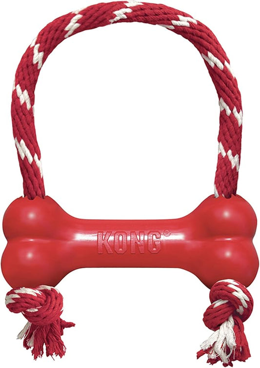 KONG Goodie Bone with Rope - Classic Durable Natural Rubber Dog Bone, Supports Mental Engagement - Treat Dispensing - Red - for Medium Dogs