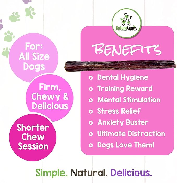 Nature Gnaws Beef Jerky Sticks for Dogs - Single Ingredient Beef Gullet Chew Treats - Simple Natural Delicious Dog Chews - Training Reward - 5-6 Inch (30 Count)