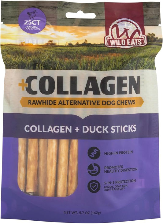 Beef Collagen Sticks for Dogs (25 Pack, 5 Inch) Long Lasting Dog Chews (Duck Flavored) No Hide Dog Treat Bully Stick Rawhide Free, Grain Free, High Protein