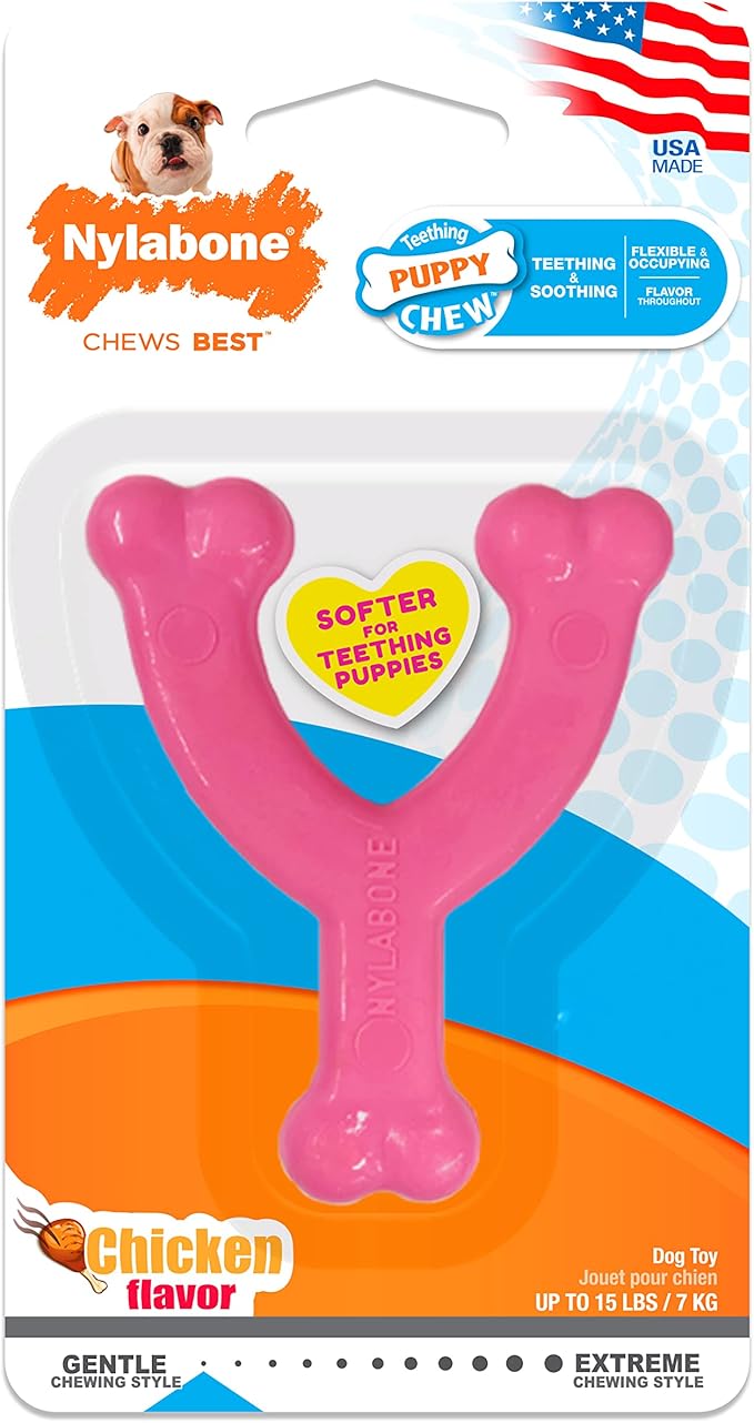 Nylabone Puppy Wishbone Chew Toy - Puppy Chew Toy for Teething - Puppy Supplies - Pink, Chicken Flavor, X-Small/Petite (1 Count)