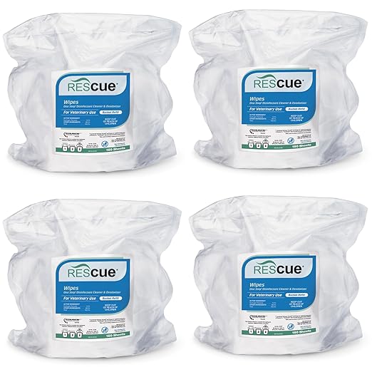 REScue One-Step Disinfectant Cleaner & Deodorizer Wipes for Veterinary Use – For Kennels & More – Extra Large Wipes, 160-Count Bucket Refill (4 Pack)