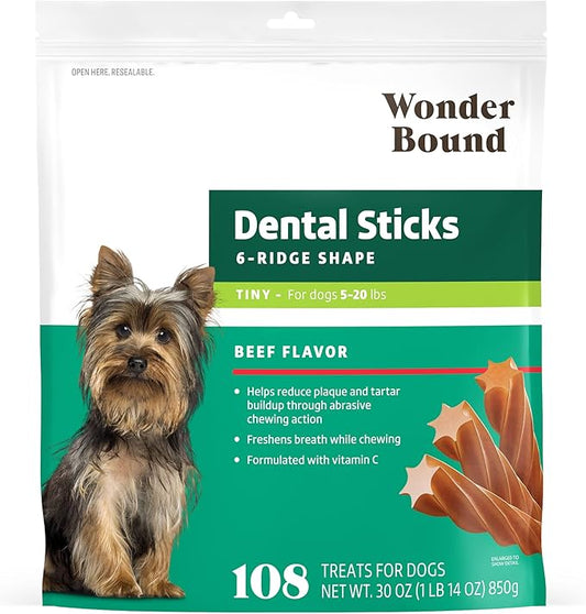 Amazon Brand - Wonder Bound Beef Flavor Dental Sticks for Tiny Dogs (5-20 lbs), 6-Ridge Shape for Plaque & Tartar Control, Freshens Breath, Formulated with Vitamin C, 108 Count (Pack of 1)