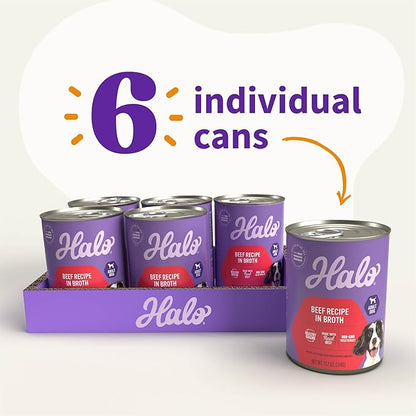Halo Adult Wet Dog Food, Beef Recipe in Broth, Great as Nutritious Meals or Healthy Dog Food Toppers, 13.2 oz Dog Food Can (Pack of 6)