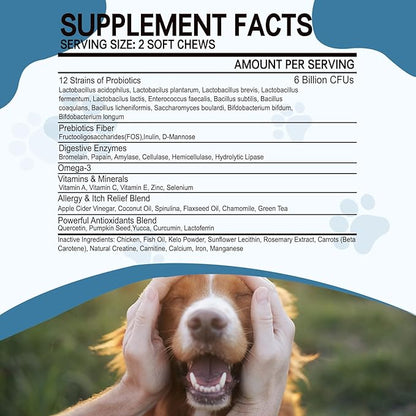 Probiotics for Dogs, Dog Probiotics for Yeast Infection, Itchy Skin and Itchy Ears, Gut Health for Dogs Pet Probiotics Chews Diarrhea Treatment Enzymes treats Digestive Health Stomach Relief