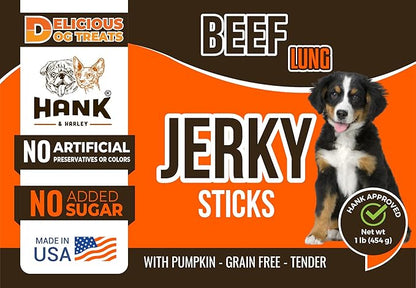 Hank & Harley Jerky Sticks Beef Lung 1 lb - USA Lean Protein Soft Dog Treats with Pumpkin. 100% Natural, NO Added Sugar, Flour or fillers. Ideal for finicky Pets