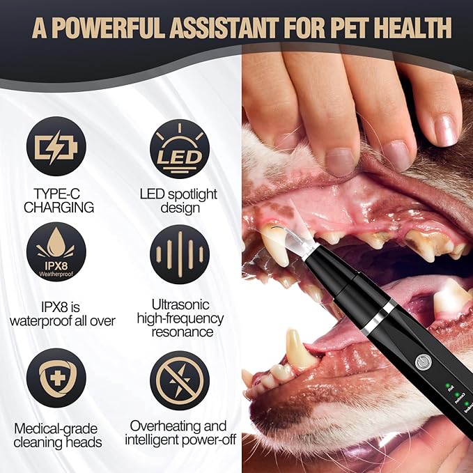 Ultrasonic Tooth Cleaner for Dogs, Dog Teeth Plaque Remover Pets Dental Care Scaler Tartar Stains Electric Cleaning Kit Finger Toothbrush Rechargeable 5 Cleaning Modes 4 Heads with LED Light (Black)