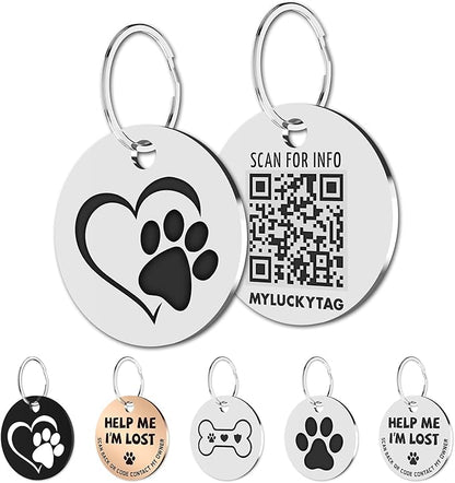 MYLUCKYTAG Stainless Steel QR Code Pet ID Tags Dog Tags - Pet Online Profile - Scan QR Receive Instant Pet Location Alert Email