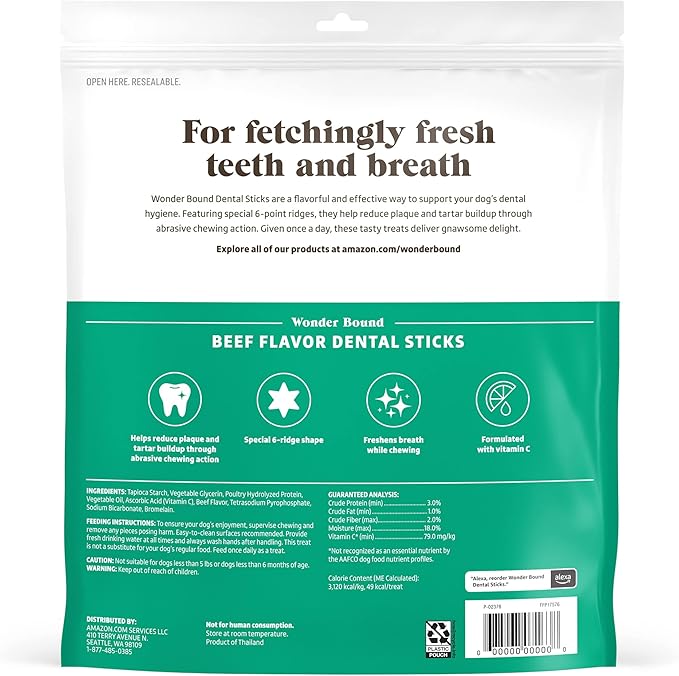 Amazon Brand - Wonder Bound Beef Flavor Dental Sticks for Small/Medium Dogs (15-40 lbs), 6-Ridge Shape for Plaque & Tartar Control, Freshens Breath, Formulated with Vitamin C, 45 Count (Pack of 1)