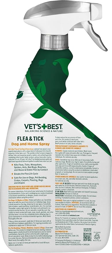 Vet’s Best Flea & Tick Home Spray for Dogs – Cotton Spice Scent Dog Flea & Tick Aid – Made in The USA – Flea & Tick Home Spray – Flea Protection for Dogs – 32 oz