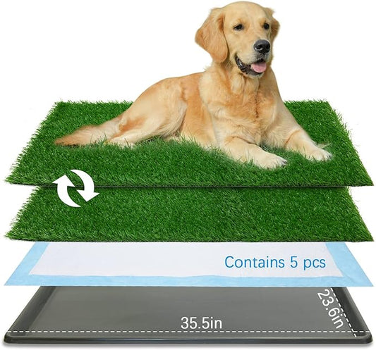 Dog Grass Pad with Tray,35.5” x 23.6” Indoor Dog Potty System 2 Pics Replacement Artificial Grass Mats-5 Pics Disposable Puppy Pads,for Puppy Training Apartment,Balcony and Apartment Use