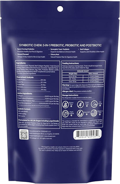 Synbiotic Chew for Dogs - Advanced Probiotic & Collagen Support, Gut Health, Joint & Skin Care, Grain-Free, Air-Dried, Handcrafted in USA, Digestive & Immune Support, All Dogs +12 Weeks, 8 Oz