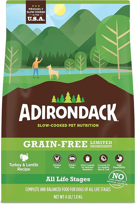 Adirondack Dog Food Made in USA [Limited Ingredient Grain Free Dog Food], All Life Stages Dry Dog Food, Turkey and Lentils Recipe, 4 lb. Bag