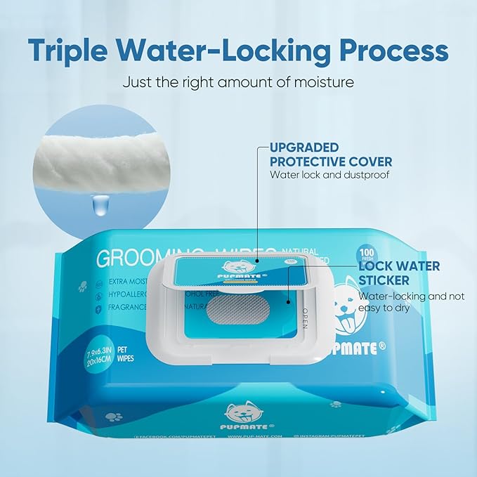 Natural Pet Grooming Wipes, 100 Fresh Counts, Extra Moist & Thick for Dogs & Cats, Puppies & Kittens set of 2