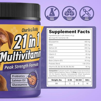 Charlie & Buddy Dog Multivitamin 21 in1 - Dog Vitamins and Supplements with Vitamin C Multivitamin for Dogs - Chicken Flavour Dog Vitamins Soft Chews - 90ct