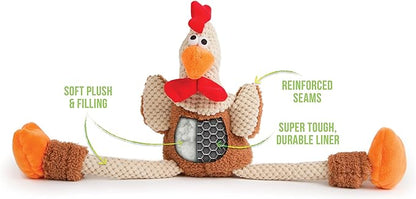 goDog Checkers Skinny Rooster Squeaky Plush Dog Toy, Chew Guard Technology - Brown, Large