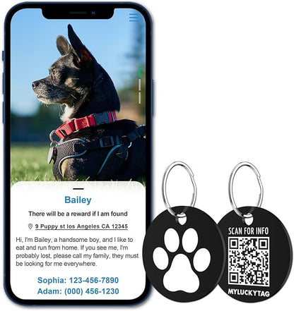 MYLUCKYTAG Stainless Steel QR Code Pet ID Tags Dog Tags - Pet Online Profile - Scan QR Receive Instant Pet Location Alert Email