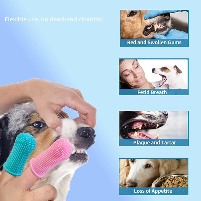 360º Dog Fingerbrush Toothbrush Kit (4-Pack) Ergonomic Design, Full Surround Bristles For Easy Teeth Cleaning, Dental Care For Puppies, Cats And Small Large Breed Pets, Blue Orange Pink Light Blue