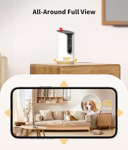 2K Pet Camera Treat Dispenser, 360°View Dog Camera with Phone App, 5G&2.4G WiFi 2-Way Talk Pet Camera Indoor for Cats Remote Treat Tossing, Motion Alerts, Auto Tracking