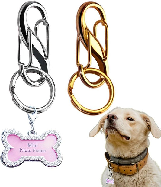 2 Pack Dog Tag Clips, Stainless Steel Double Opening Pet Tag Quick Clip with Tag Ring + Bone Shape Dog ID Tag, Metal Pet Nametag Holder for Dog Cat Collars Harnesses