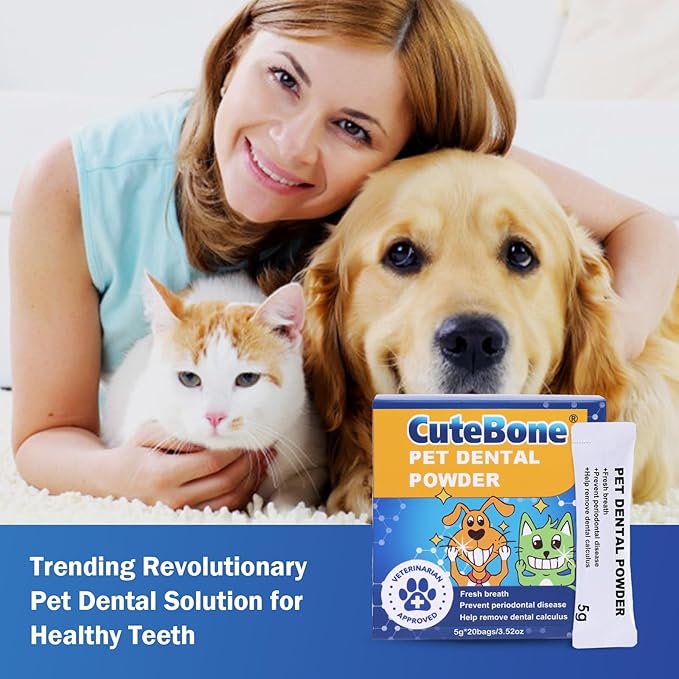 CuteBone Pet Dental Powder 20 Bags On The Go- Natural Oral Care Formula for Dogs & Cats, Freshens Breath, Reduces Plaque & Tartar, Promotes Healthy Gums, Easy-to-Use Teeth Powder, 0.176 oz, 20 Pack