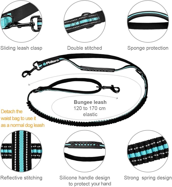 PHILORN Hands Free Dog Leash for Running, Jogging | Reflective Stitching, Adjustable Waist Belt(24"-47"), Phone Pouch, Shock Absorbing Dual Handle Bungee(47"-67") for Large Dog