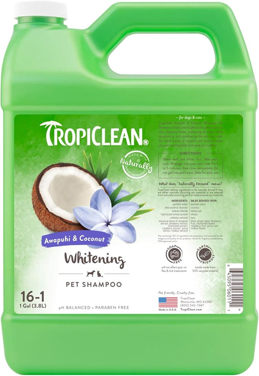 TropiClean Awapuhi Coconut Whitening Dog Shampoo for White Coats & All Coat Types | Natural Pet Shampoo Derived from Natural Ingredients | Cat Friendly | Made in the USA | 1 gal.