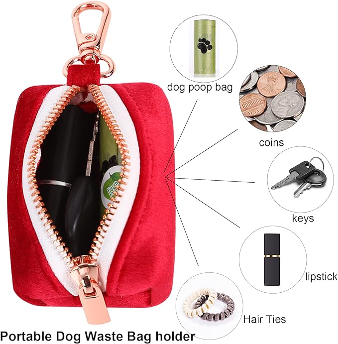 ARING PET Dog Waste Bag Dispenser, Soft Doggy Poop Bags Holders Attach to Any Leashes, Velvet Portable Washable Red Pet Waste Pouch Dispenser with Metal Zipper