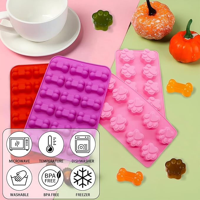 Paw Print Mold Puppy Dog Paw and Bone Silicone Molds 4pcs Dog Treat Molds Silicone Baking Mold for Puppy Treats Ice Cream Cubes Tray Biscuits Chocolate Candy Jelly Dog Snack Muffin Pan