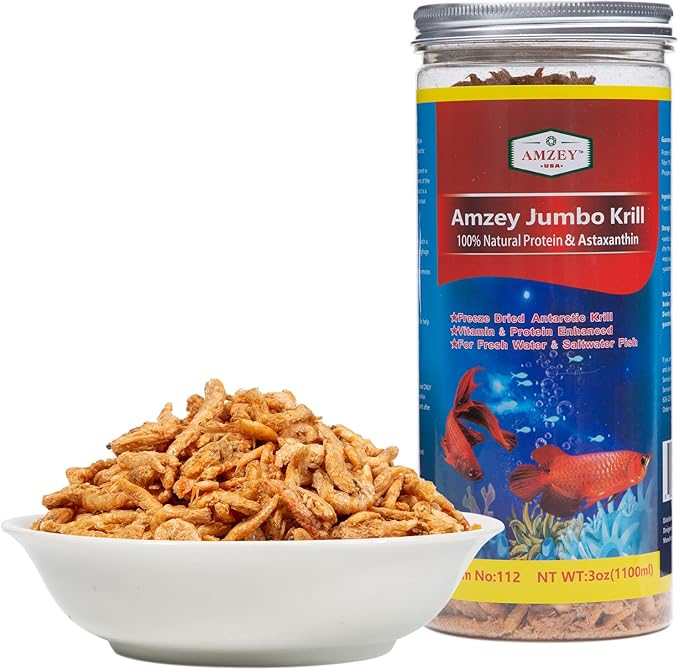 Amzey Freeze Jumbo Krill 3 oz, Dired Jumbo Shrimp Provide Essential Omega-3, Vitamin Enhancement. Super Food for Pets, Cat Food, Dog Food, Fresh and Salt Water Fish