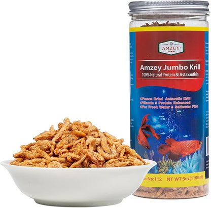 Amzey Freeze Jumbo Krill 3 oz, Dired Jumbo Shrimp Provide Essential Omega-3, Vitamin Enhancement. Super Food for Pets, Cat Food, Dog Food, Fresh and Salt Water Fish