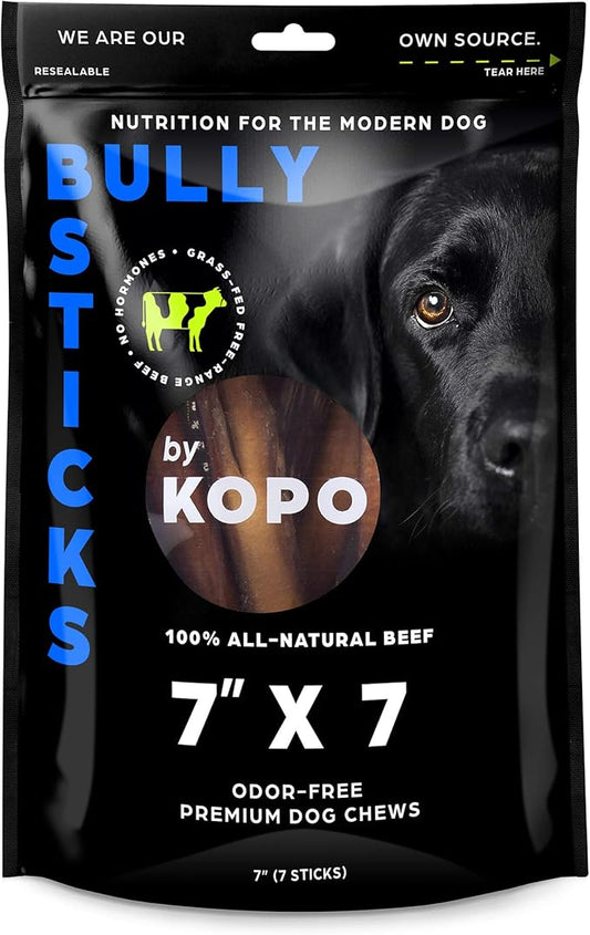 Kopo Bully Sticks 7-inch (7 Pack) - Odor Free Natural Dog Treats - 100% Beef, Fully Digestible, Long Lasting, No Hide Dog Chews