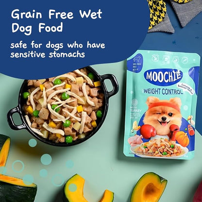 MOOCHIE Grain Free Wet Dog Food for Small Breed - Weight Control - Turkey with Sweet Potato, Pumpkin and Green Pea - No Added Preservatives or Artificial Flavoring - 3 oz x 12 Pouches