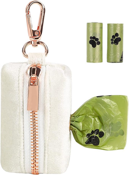 ARING PET Velvet Dog Waste Bag Holder, White Doggy Poop Bags Dispenser Attach to Any Leashes, Portable Washable Pet Waste Pouch Dispenser with Metal Zipper