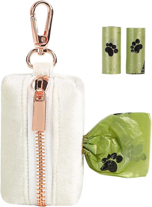 ARING PET Velvet Dog Waste Bag Holder, White Doggy Poop Bags Dispenser Attach to Any Leashes, Portable Washable Pet Waste Pouch Dispenser with Metal Zipper