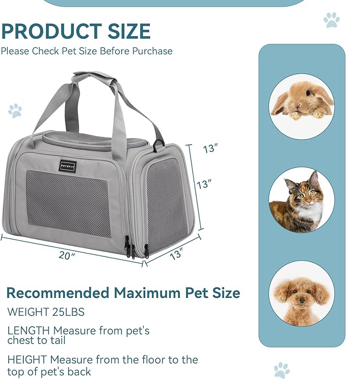 PETSFIT Dog Carrier for Small Dogs, Cat carrier for 2 Cats Under 25 Lbs, Collapsible Travel Puppy Carrier, Pet Carrier with Cozy Extendable Mat (Large, Grey)