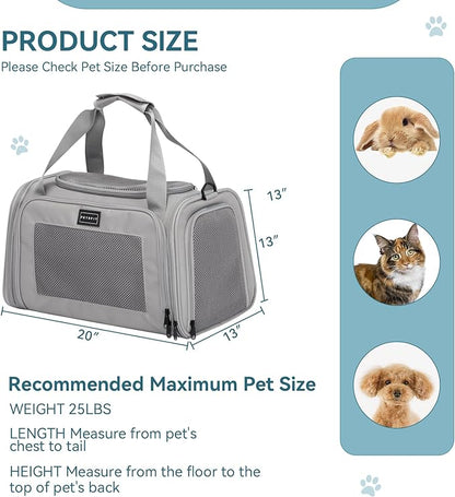 PETSFIT Dog Carrier for Small Dogs, Cat carrier for 2 Cats Under 25 Lbs, Collapsible Travel Puppy Carrier, Pet Carrier with Cozy Extendable Mat (Large, Grey)