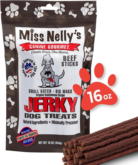 Miss Nelly's- All Natural Beef Jerky Dog Treats Made in USA Only-Beef Jerky Treats for Dogs Original Smoke House Recipe-Minimally Processed Soft Sticks Jerky Dog Treats - 16 oz. bag.