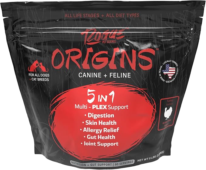 Origins 5-in-1 Dog Supplement - Powdered Food Topper w/Natural Turkey Protein- Supports Healthy Digestion, Skin, and Coat - Helps Reduce Itching & Joint Inflammation (5LB)