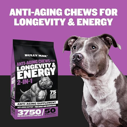 Bully Max 2-in-1 Anti-Aging Multivitamin Chews - Senior Dog Food Supplement for Vitality, Immunity, Joint Support with Postbiotics - Adult Dog Vitamins - 2 Packs, 75 Tasty Soft Chews per Pack