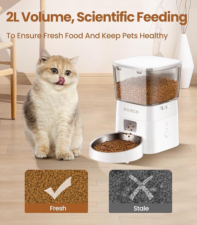 ROJECO Automatic Cat Feeders,2.4G WiFi Automatic Cat Food Dispenser with APP Feeding Control,2L Auto Timed Pet Feeder for Cats &Puppy,Dogs Pet Feeder with Stainless Steel Bowl
