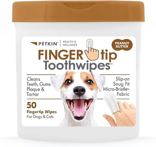 Petkin Fingertip Tooth Wipes for Dogs and Cats, 50 Finger Wipes - Slip-On, Snug Fit, Micro-Bristle Fabric - Cleans Teeth, Gums, Plaque & Tartar - Convenient, Ideal for Home and Travel - Peanut Butter