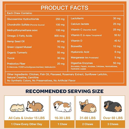 Glucosamine for Dogs, Joint Supplement for Dogs, Chondroitin, Omega-3, MSM, Hemp, Turmeric for Pain Relief, Dog Joint Supplement with Calcium for Bone Health, 120 Chicken Flavored Crunchy Chews